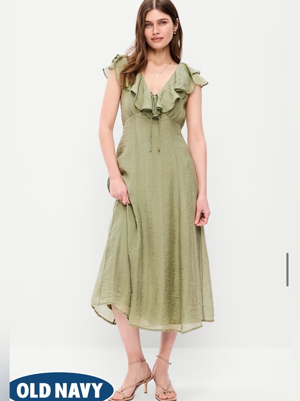 Old Navy olive Green V-Neck Ruffle Midi Dress